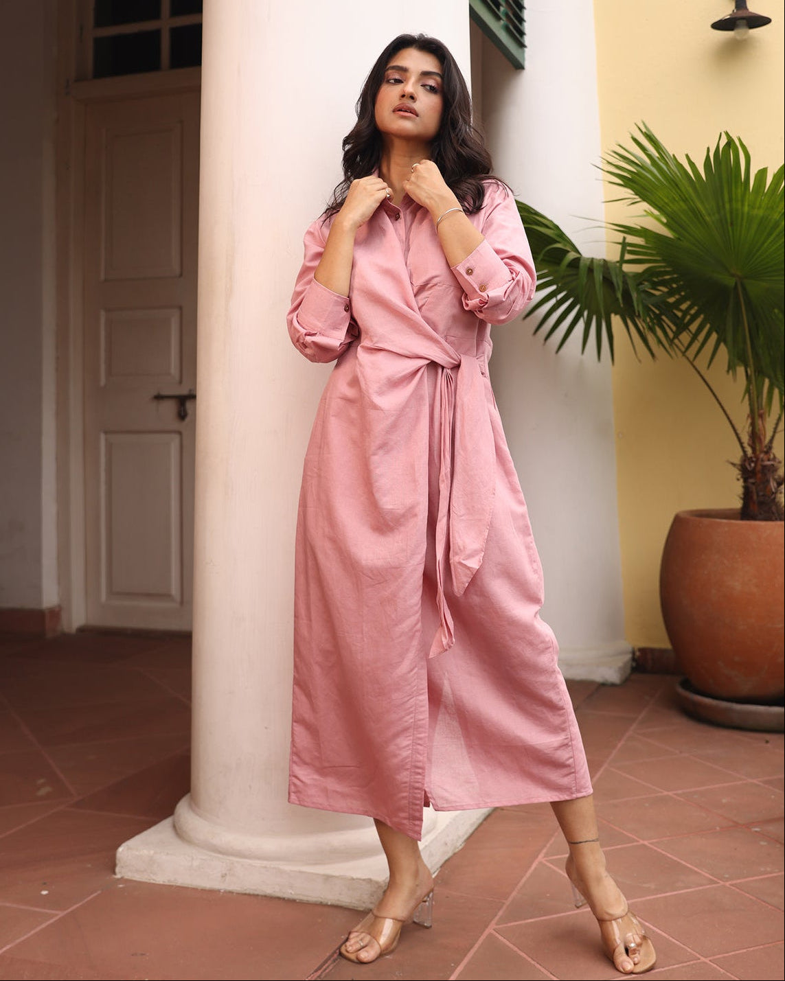 Audrey Linen blended Tie Front Shirt Dress