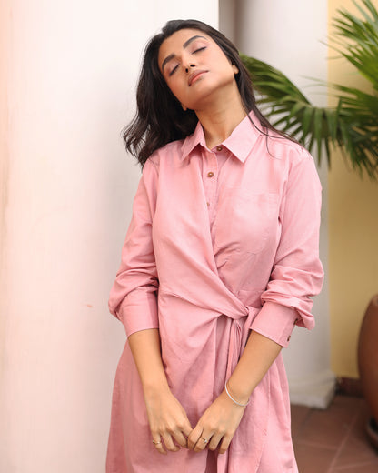 Audrey Linen blended Tie Front Shirt Dress