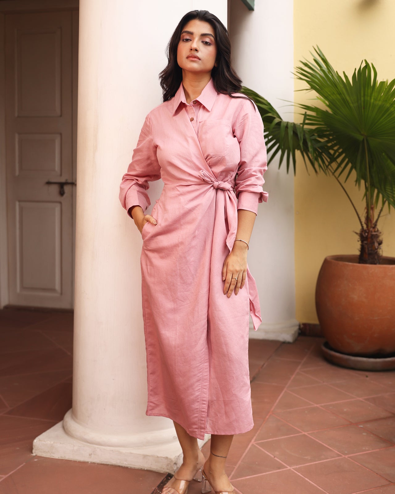 Audrey Linen blended Tie Front Shirt Dress
