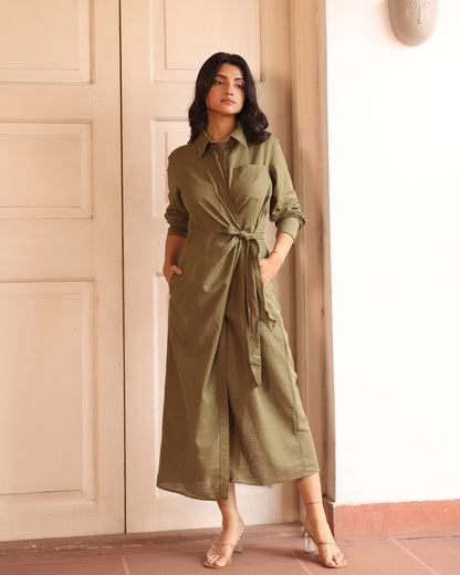 Audrey Linen blended Tie Front Shirt Dress