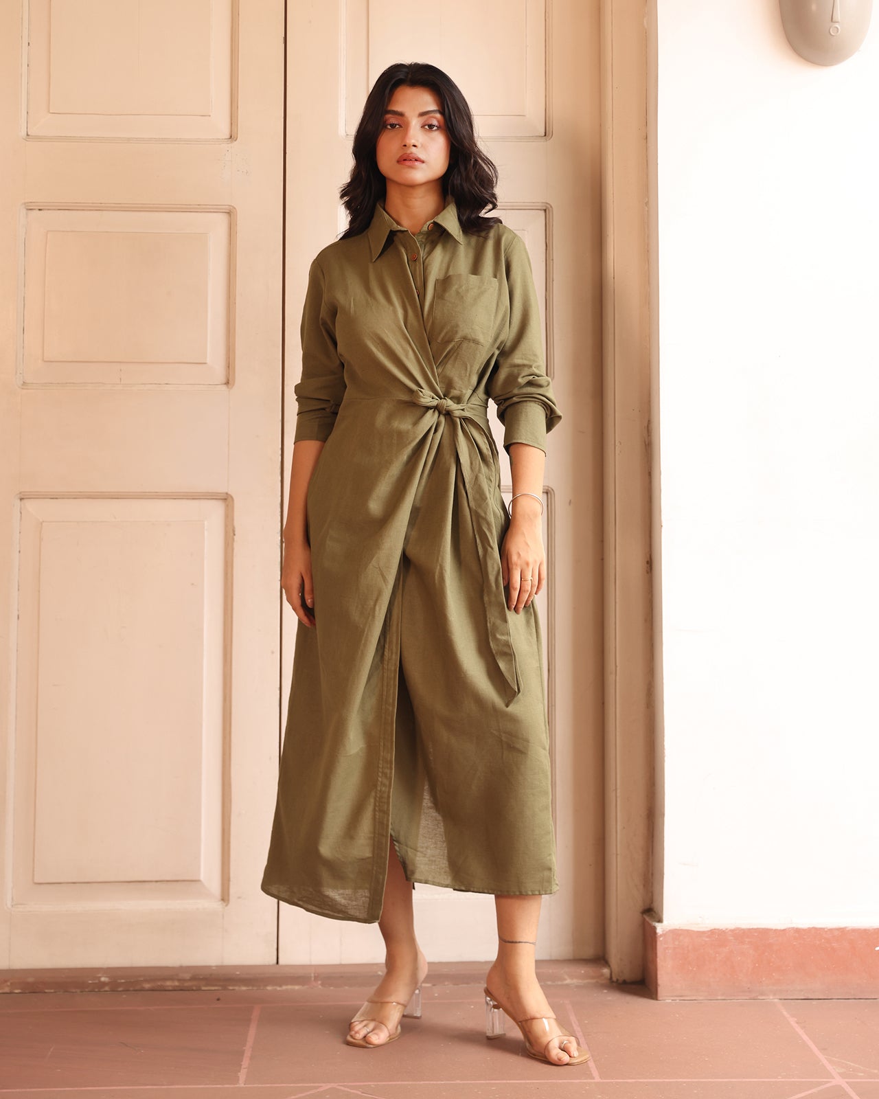 Audrey Linen blended Tie Front Shirt Dress