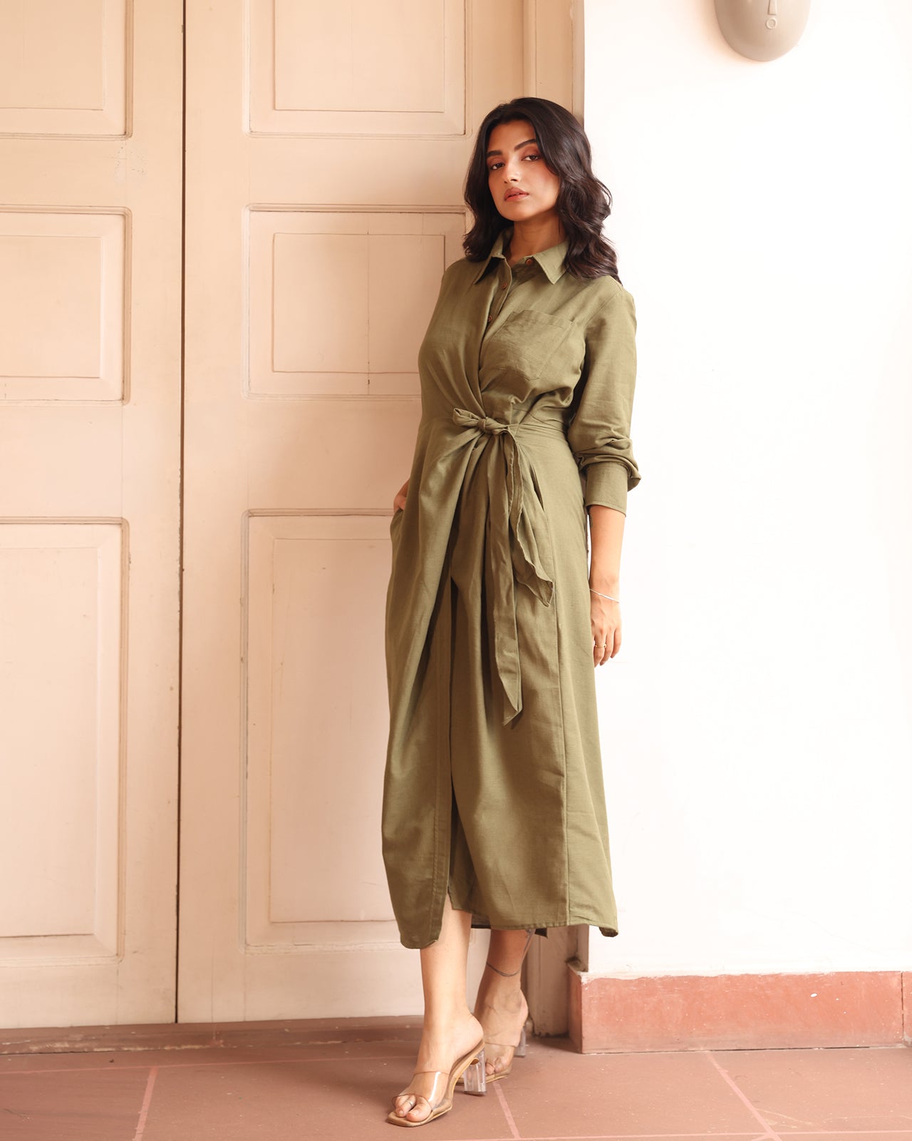 Audrey Linen blended Tie Front Shirt Dress