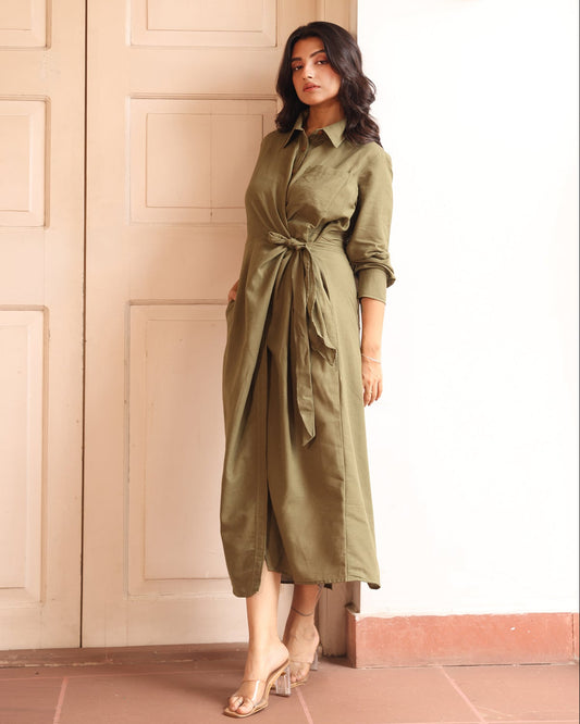 Audrey Linen blended Tie Front Shirt Dress