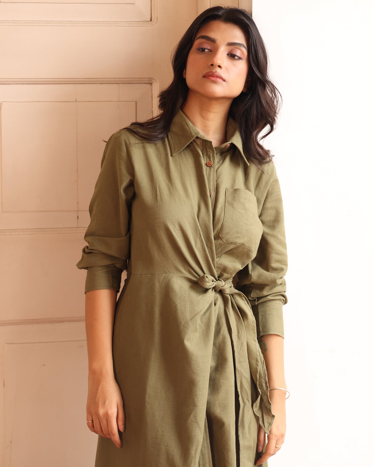 Audrey Linen blended Tie Front Shirt Dress