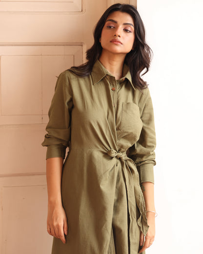 Audrey Linen blended Tie Front Shirt Dress