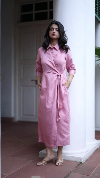 Audrey Linen blended Tie Front Shirt Dress