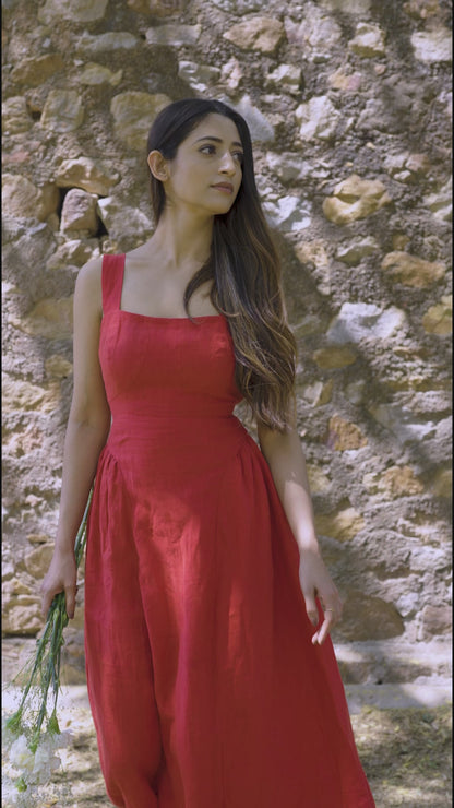 Aimee 100% Linen Drop-Waist Gathered Midi Dress