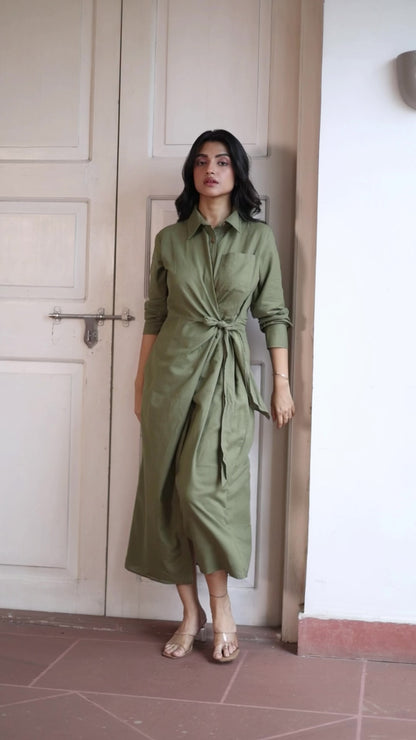 Audrey Linen blended Tie Front Shirt Dress